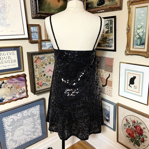 90s Vintage Liz Claiborne Black Crepe Sleeveless Slip Dress with Sequins Size 12 - Picture 3 of 7